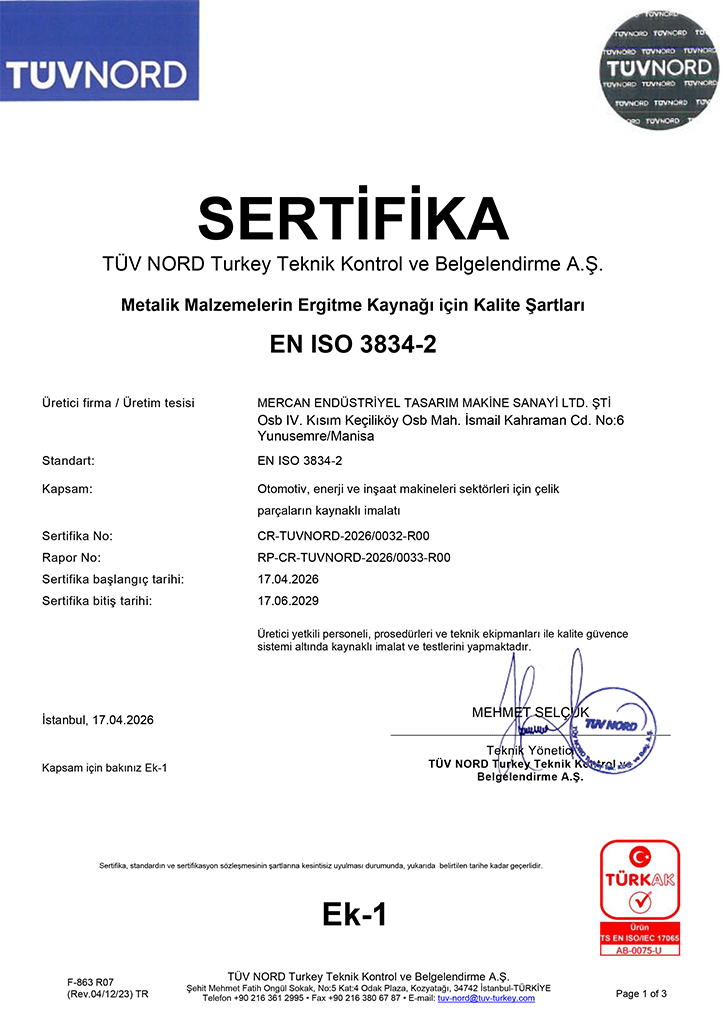 mercan makina, kalite, sertifikalar, EN ISO 3834-2:2006
