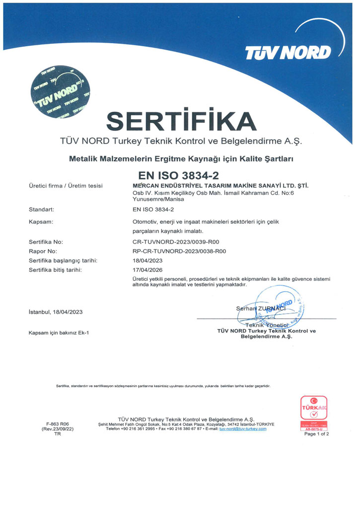 mercan makina, kalite, sertifikalar, EN ISO 3834-2:2006
