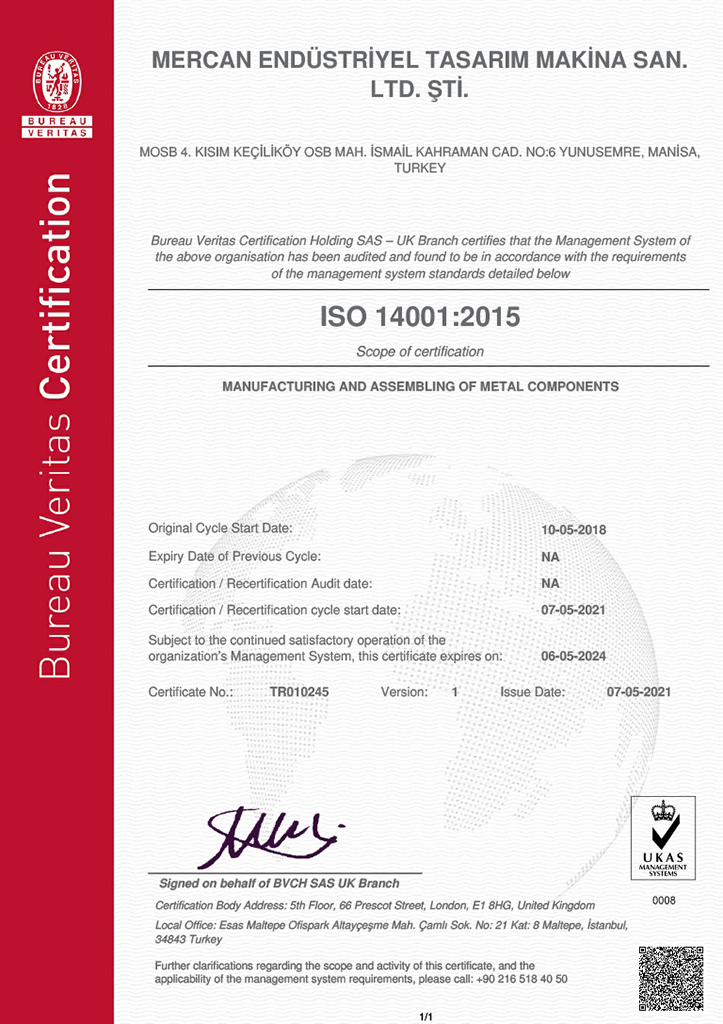 mercan makina, quality, certificates, ISO 14001:2015