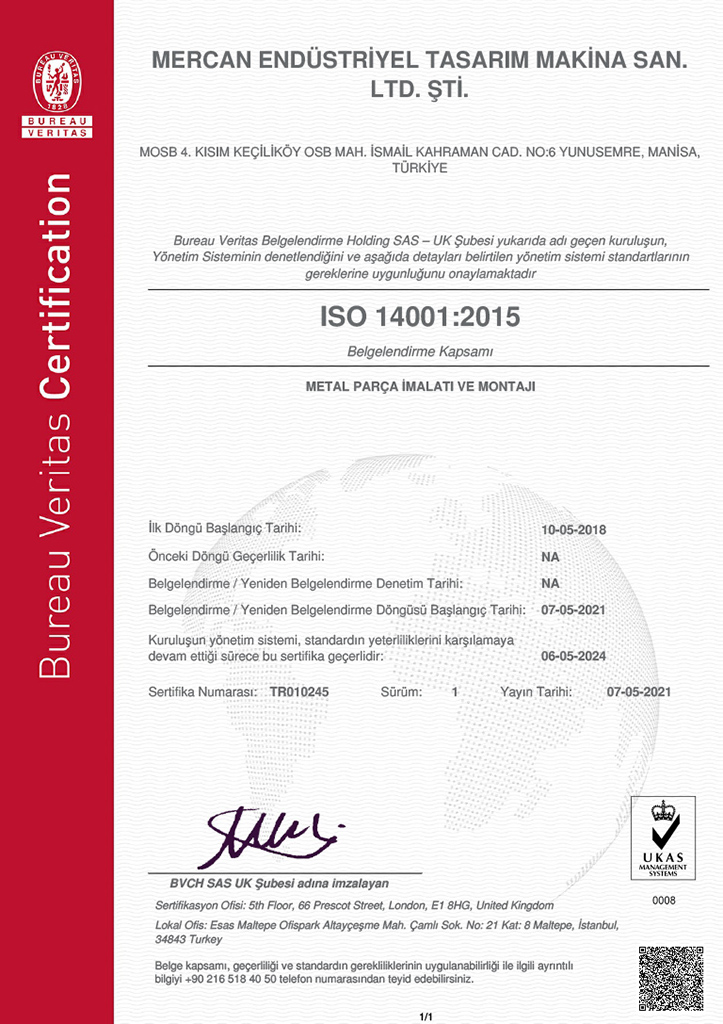 mercan makina, kalite, sertifikalar, ISO 14001:2015