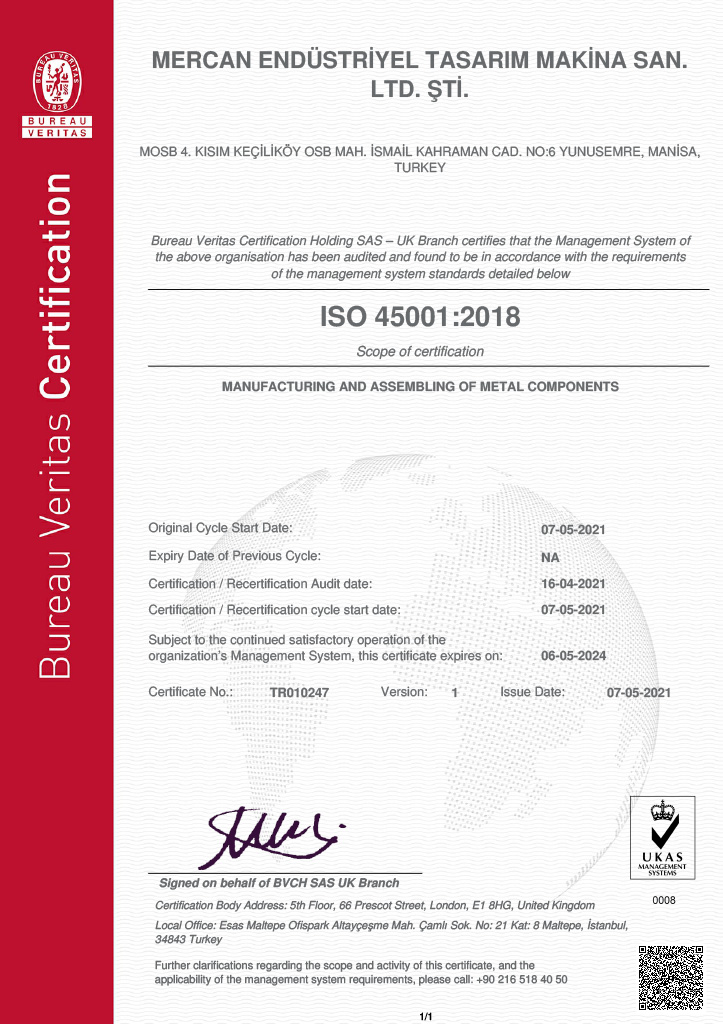mercan makina, quality, certificates, ISO 45001:2018