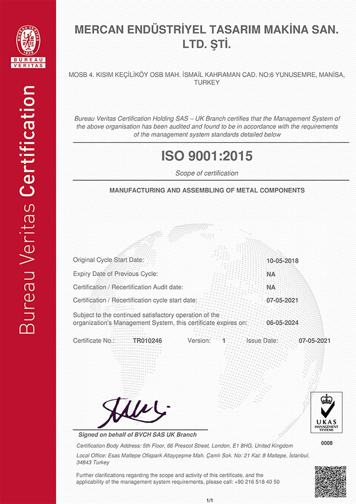 mercan makina, quality, certificates, ISO 9001:2015