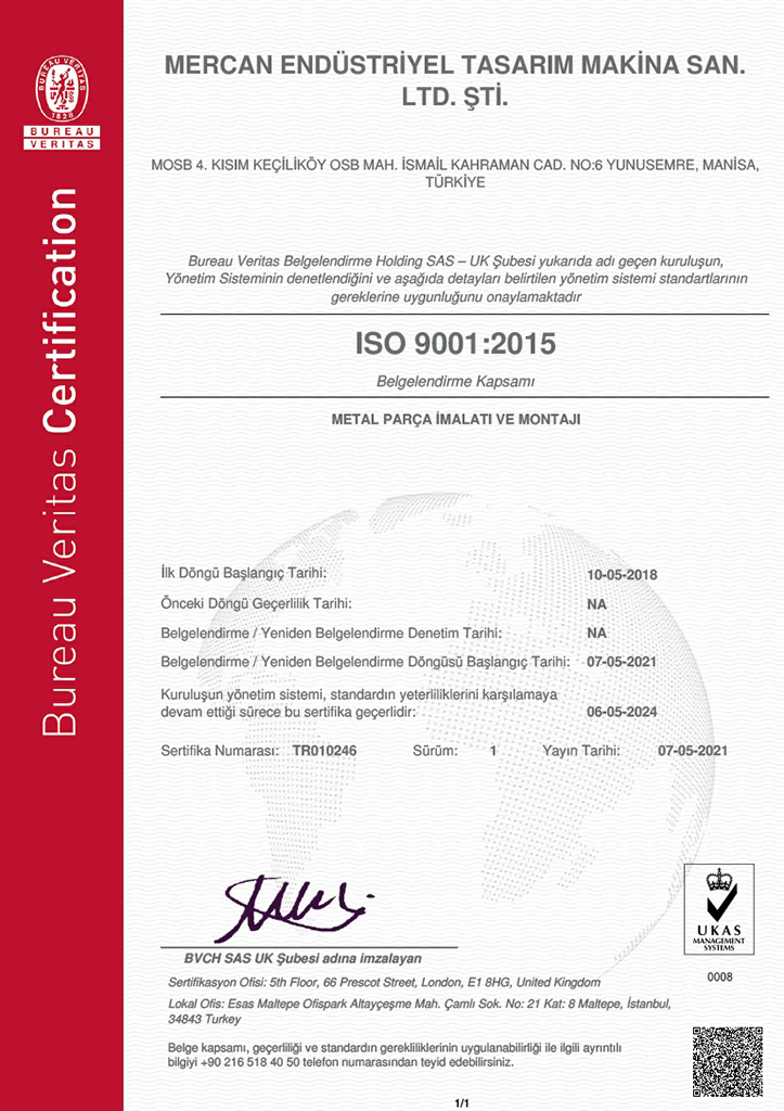 mercan makina, kalite, sertifikalar, ISO 9001:2015